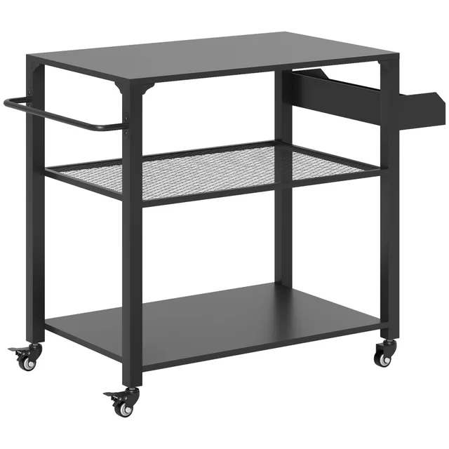 3 Tier Outdoor Grill Cart With Storage Racks, Side Handle, Movable Pizza Oven Table On Wheels Black - Shop at LoveMi