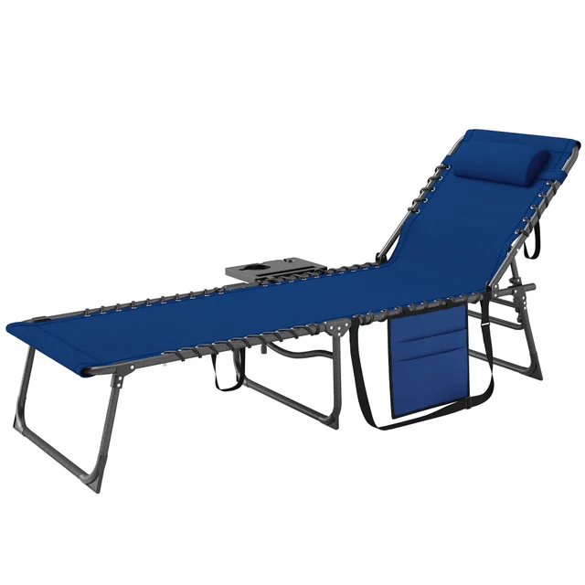 Folding Outdoor Chaise Lounge Chair Tanning Chair With 5 Level Adjustable Back, Side Table, Pillow, Pocket, Dark Blue Dark Blue - Shop at LoveMi