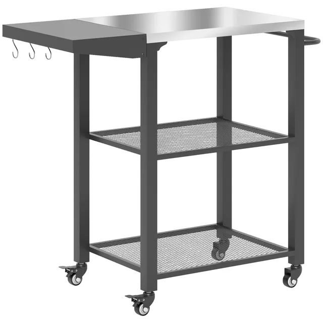 Three Shelf Outdoor Grill Cart Table With Foldable Side Table, Stainless Steel Top Pizza Oven Stand With Hooks, Silver Silver - Shop at LoveMi