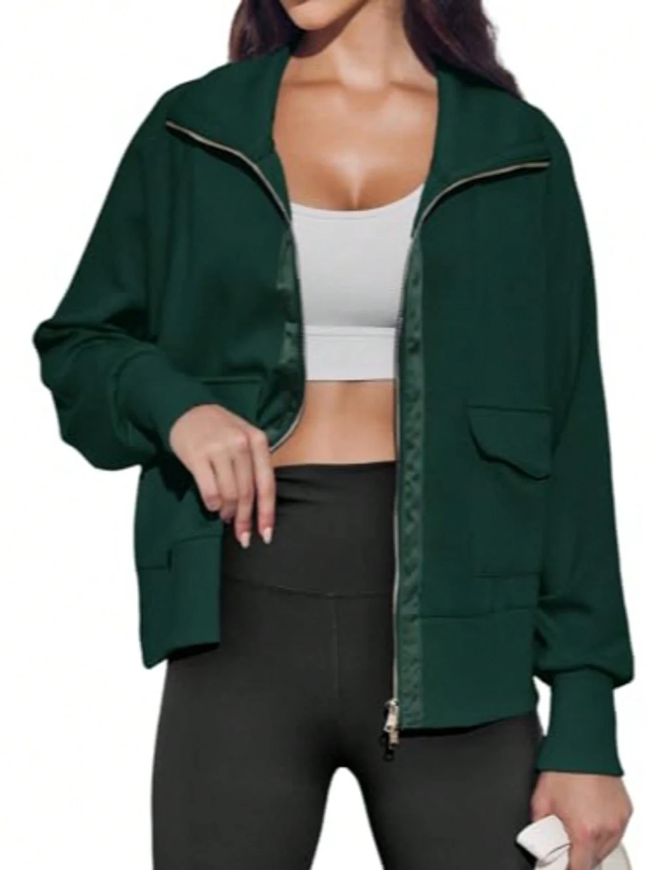 Fisoew Women's Zip Up Sweatshirt Collared Neck Long Sleeve Loose Casual Lightweight Jacket With Pockets - Green