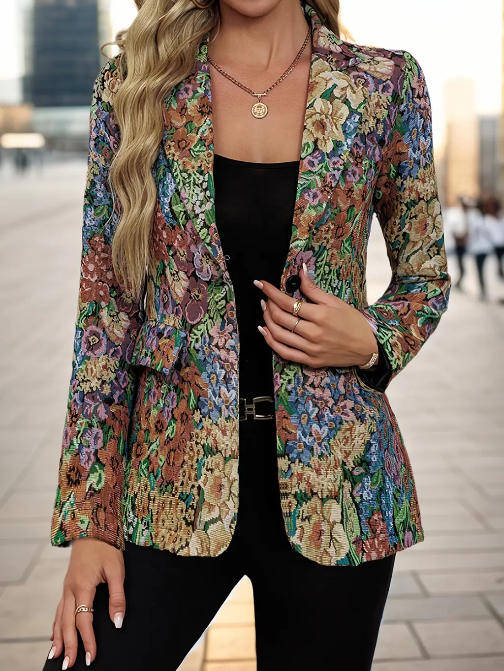 Women's Floral Print Blazer Jacket - Elegant Loose Fit Mid-Length Long Sleeve Single-Button Closure - Multicolour