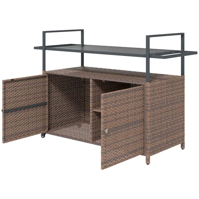 2 Tier Shelf PE Rattan Outdoor Bar Table, Glass Top Outdoor Serving Cart With Cabinet, Mixed Brown Mixed Brown - Shop at LoveMi