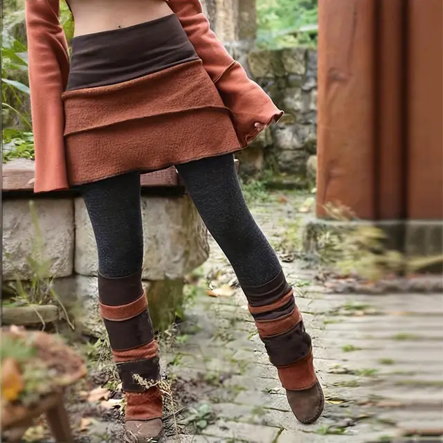 Women's Color Block Asymmetrical Skort With Contrast Panels Comfortable Fashion Leggings For Spring&Fall Orange - Shop at LoveMi