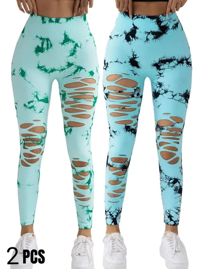 2 Pack New Style Hollow Out Tie Dye High Waisted Tummy Control Yoga Pants Grass Green Blue - Shop at LoveMi