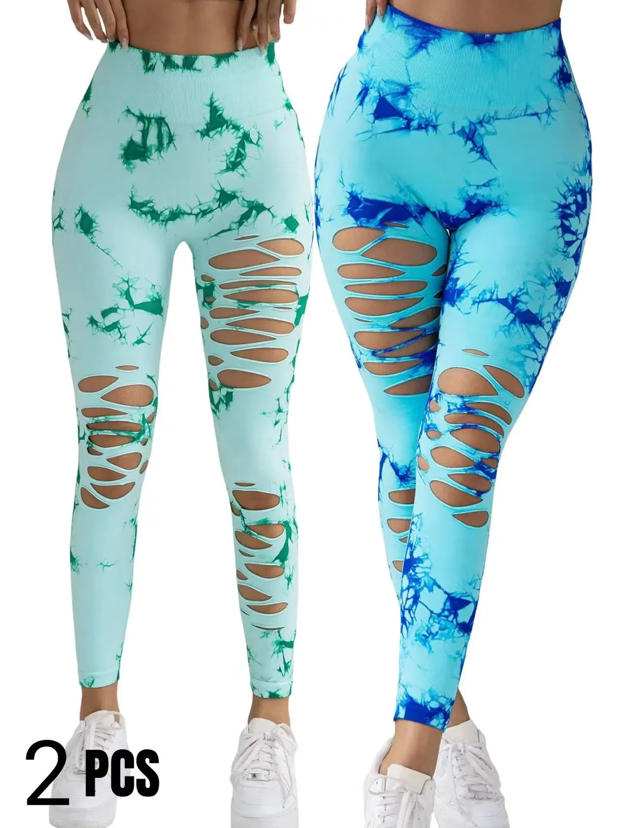 2 Pack New Style Hollow-Out Tie-Dye High-Waisted Tummy-Control Yoga Pants - Grass Green Light Blue