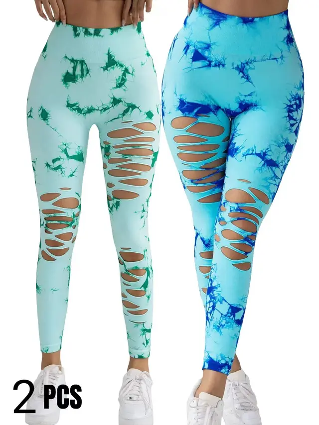 2 Pack New Style Hollow Out Tie Dye High Waisted Tummy Control Yoga Pants Grass Green Light Blue - Shop at LoveMi
