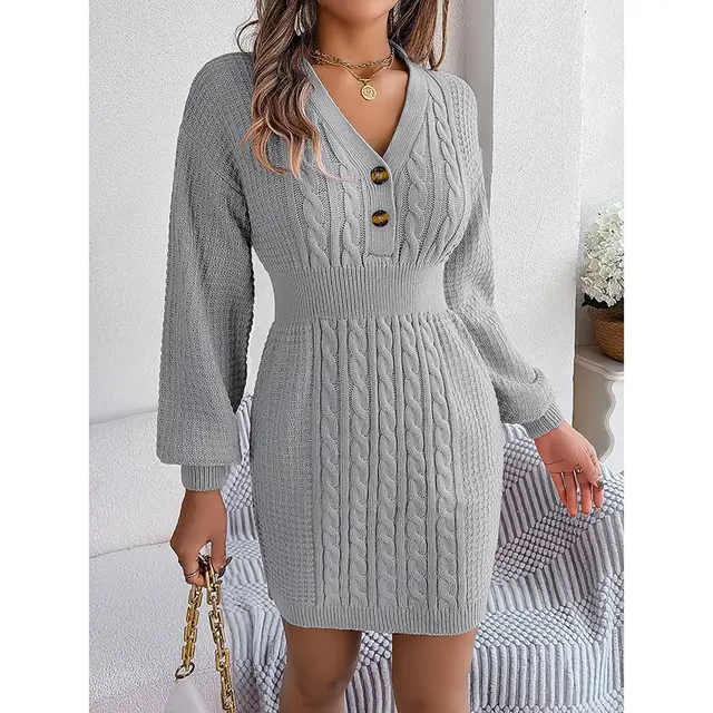 Women's Cable Knit Sweater Dress V Neck Button Front Lantern Sleeve Bodycon Mini Dress With Elastic Waist For Fall Gray - Shop at LoveMi
