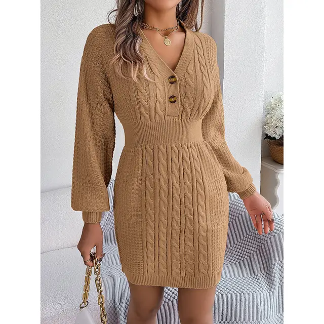 Women's Cable Knit Sweater Dress V Neck Button Front Lantern Sleeve Bodycon Mini Dress With Elastic Waist For Fall Khaki - Shop at LoveMi