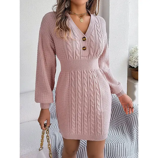 Women's Cable Knit Sweater Dress V Neck Button Front Lantern Sleeve Bodycon Mini Dress With Elastic Waist For Fall Pink - Shop at LoveMi