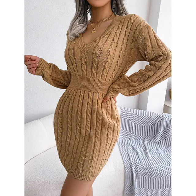 Women's Fall Winter V Neck Bodycon Mini Sweater Dress Long Sleeve Pullover Knit Dress Casual & Sexy Tight Fit Khaki - Shop at LoveMi