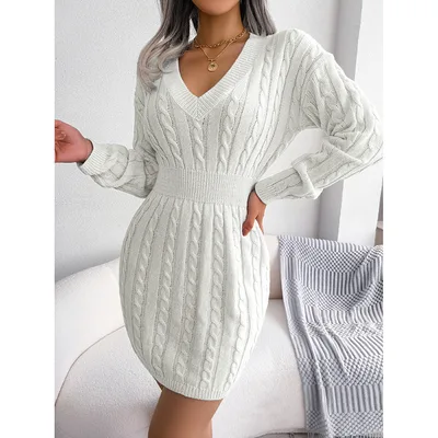 Women's Fall Winter V Neck Bodycon Mini Sweater Dress Long Sleeve Pullover Knit Dress Casual & Sexy Tight Fit White - Shop at LoveMi