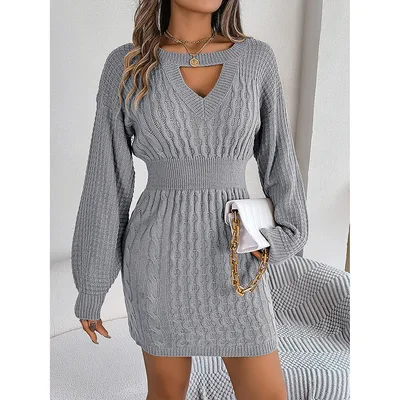Womens Long Sleeve Sweater Dress Sexy Cut Out Bodycon Mini Fall Dress Trendy Ribbed Ladies Winter Sweater Gray - Shop at LoveMi