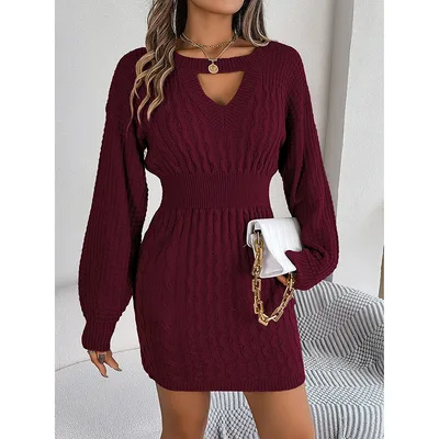 Womens Long Sleeve Sweater Dress Sexy Cut Out Bodycon Mini Fall Dress Trendy Ribbed Ladies Winter Sweater Wine Red - Shop at LoveMi