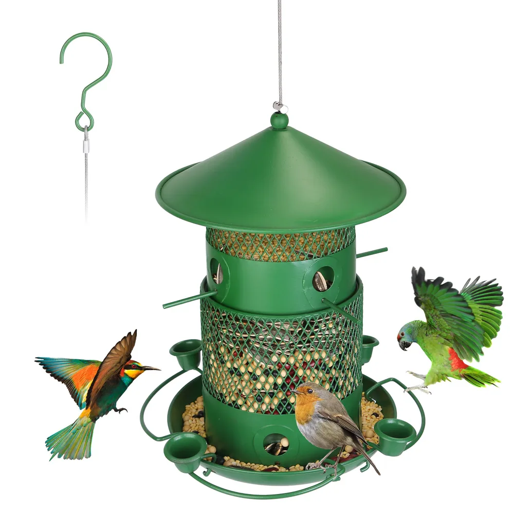 Wild Bird Feeder Squirrel-Proof Chew-Proof Metal Bird Seed Feeder Outdoor Hanging Bird Feeder With 360 Degree Circular Perches Water Cups For Yard ...