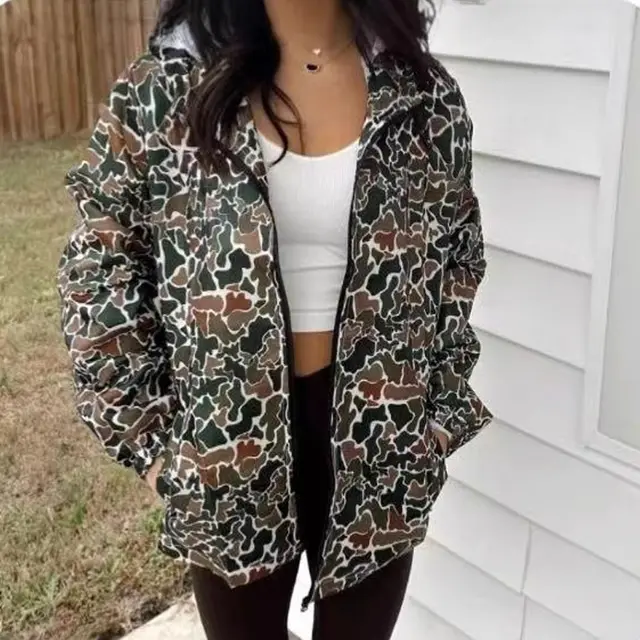Women's Camouflage Print Long Sleeve Hooded Jacket With Zipper & Pockets Streetwear Fashion Coat For Spring&Fall Camouflage - Shop at LoveMi