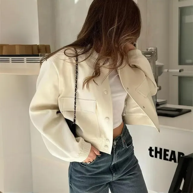 Women's Solid Color Long Sleeve Baseball Jacket With Button Front & Pockets Casual Short Jacket For Spring&Fall Apricot - Shop at LoveMi