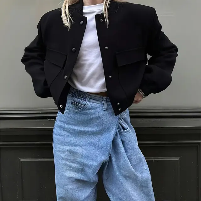 Women's Solid Color Long Sleeve Baseball Jacket With Button Front & Pockets Casual Short Jacket For Spring&Fall Black - Shop at LoveMi