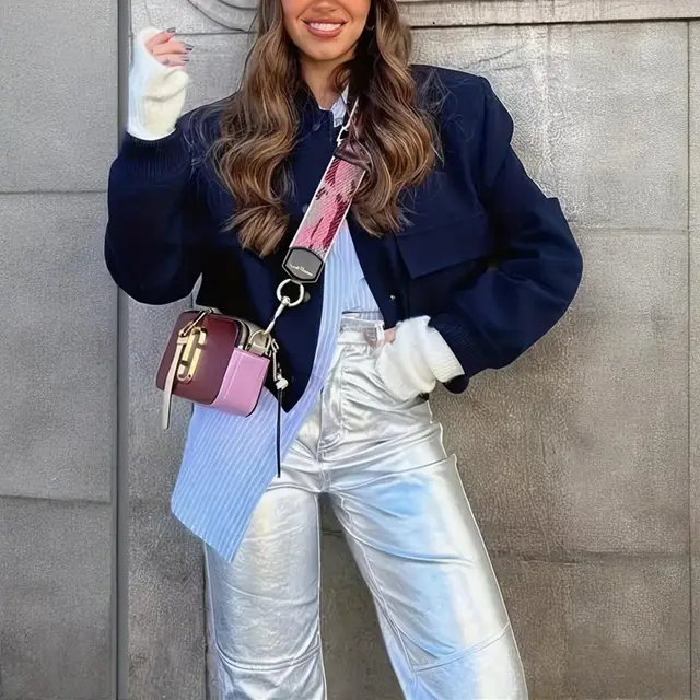 Women's Solid Color Long Sleeve Baseball Jacket With Button Front & Pockets Casual Short Jacket For Spring&Fall Navy Blue - Shop at LoveMi