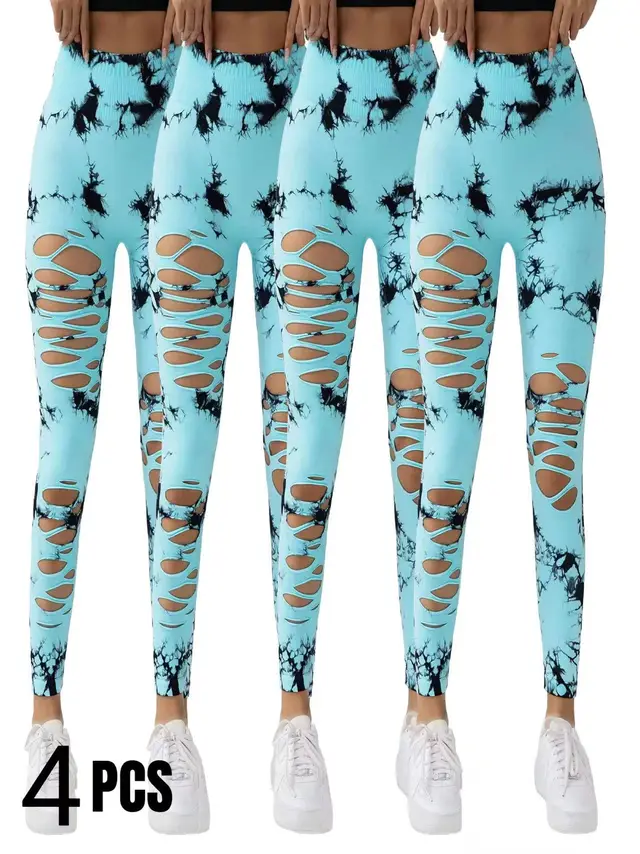 4 Pack New Style Hollow Out Tie Dye High Waisted Tummy Control Yoga Pants Blue - Shop at LoveMi