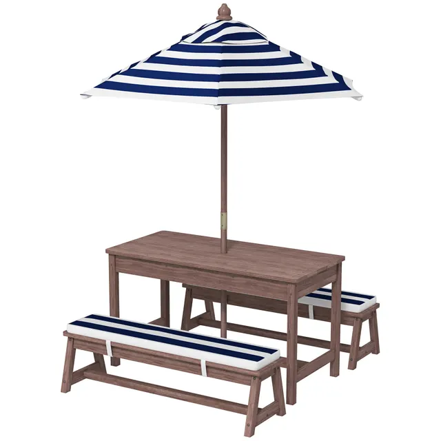Outdoor Wooden Kids Picnic Table & Bench Set With Cushions And Umbrella, For Patio, Garden, Navy Blue Navy Blue - Shop at LoveMi