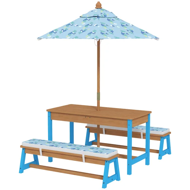 Kids Picnic Table Set With Foldable Umbrella, Removable Cushions & Boxes, Dinosaur Theme, Blue Blue - Shop at LoveMi