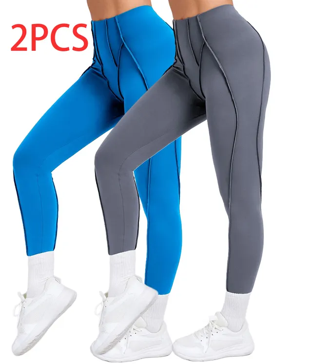 2 Pack Women's Quick Dry High Waist Tummy Control Yoga Pants Workout Leggings With Side Pockets Blue Grey - Shop at LoveMi