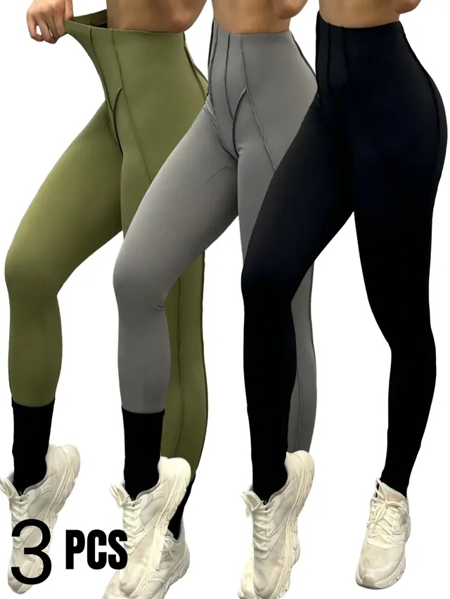 3 Pack Women's Quick Dry High Waist Tummy Control Yoga Pants Workout Leggings With Side Pockets Green Grey Black - Shop at LoveMi