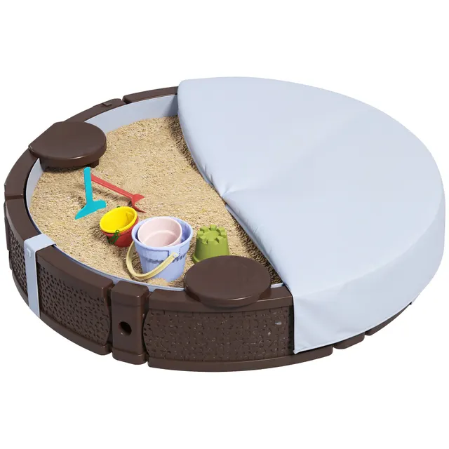 47 Round Kids Sandbox With Cover, 3 Seats, Waterproof Bottom Liner, For Backyard, Lawn, Garden, Beach, Patio, Brown Brown - Shop at LoveMi