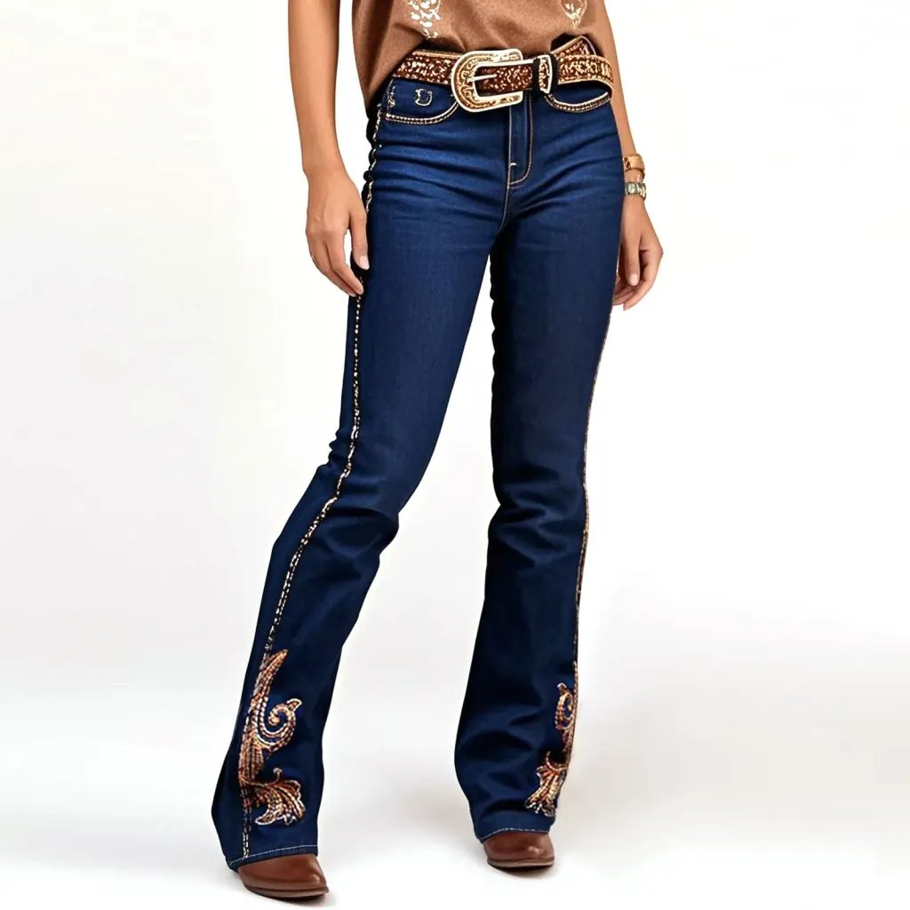 Butt-Lifting Mid-Rise Bootcut Jeans - Intricate Statement Embroidery On Leg & Pockets, Perfect Vaquera Vibe - Dark Blue Size14