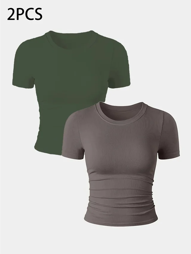 2 Packs Women's Seamless Workout Tops Breathable Short Sleeve Athletic Shirts, Moisture Wicking Quick Dry Tees With Soft Stretch Fabric Green D... Green Dark Grey - Shop at LoveMi