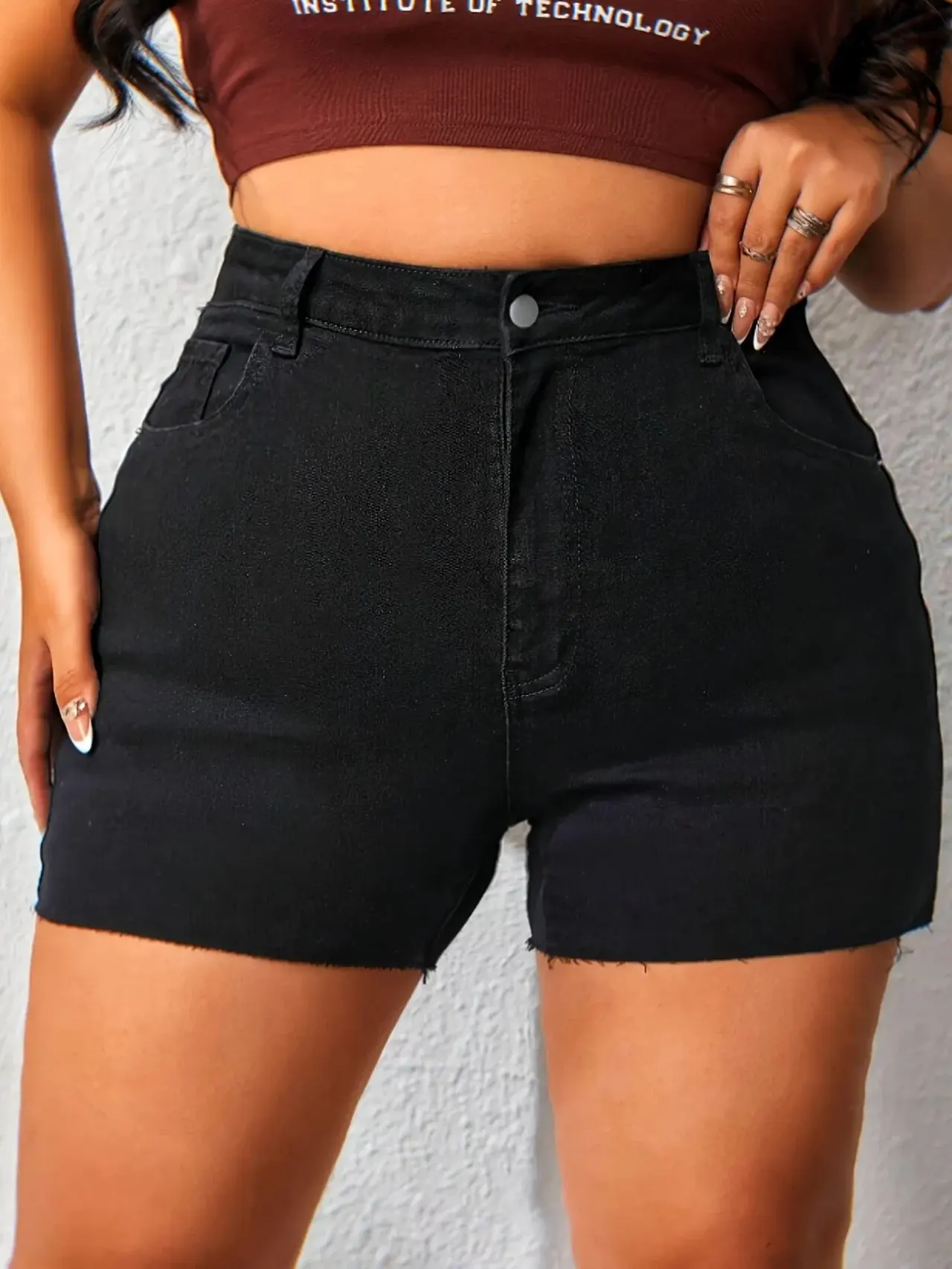 Hip Lifting Elastic Frayed Edge Denim Shorts Retro Tik Tok Popular Shorts Body Shaper With Pockets Flare Jeans Trendy Pattern Design High Waist - S... - View 1
