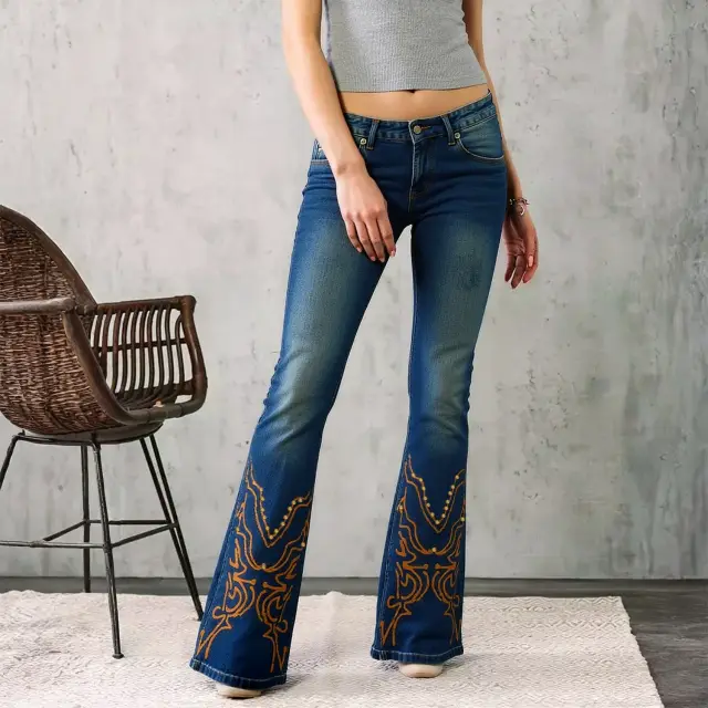 Embroidered Flare Jeans High Waist Bootcut Denim For Cowgirl Look Retro Stretch Pants Vintage Style For Western Women Bellbottomjeans Flared 90s Outfits Size14 - Shop at LoveMi