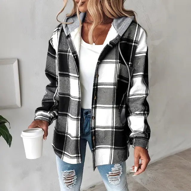 Women's Plaid Hoodie Long Sleeve Jacket Button Drawstring Casual Fall Shirts Shacket With Pocket Black - Shop at LoveMi