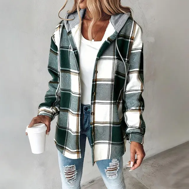 Women's Plaid Hoodie Long Sleeve Jacket Button Drawstring Casual Fall Shirts Shacket With Pocket Green - Shop at LoveMi