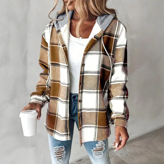 Women's Plaid Hoodie Long Sleeve Jacket Button Drawstring Casual Fall Shirts Shacket With Pocket Khaki - Shop at LoveMi