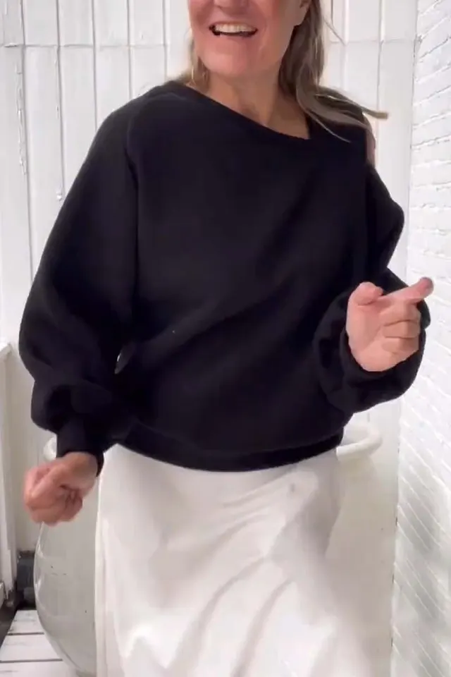 Casual Off the shoulder Loose Long sleeved Fleece Sweatshirt Black - Shop at LoveMi