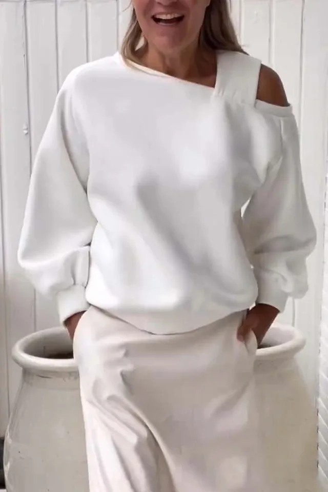 Casual Off the shoulder Loose Long sleeved Fleece Sweatshirt White - Shop at LoveMi