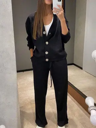 Casual Sports Suit Cardigan Top Women's Clothing - Black