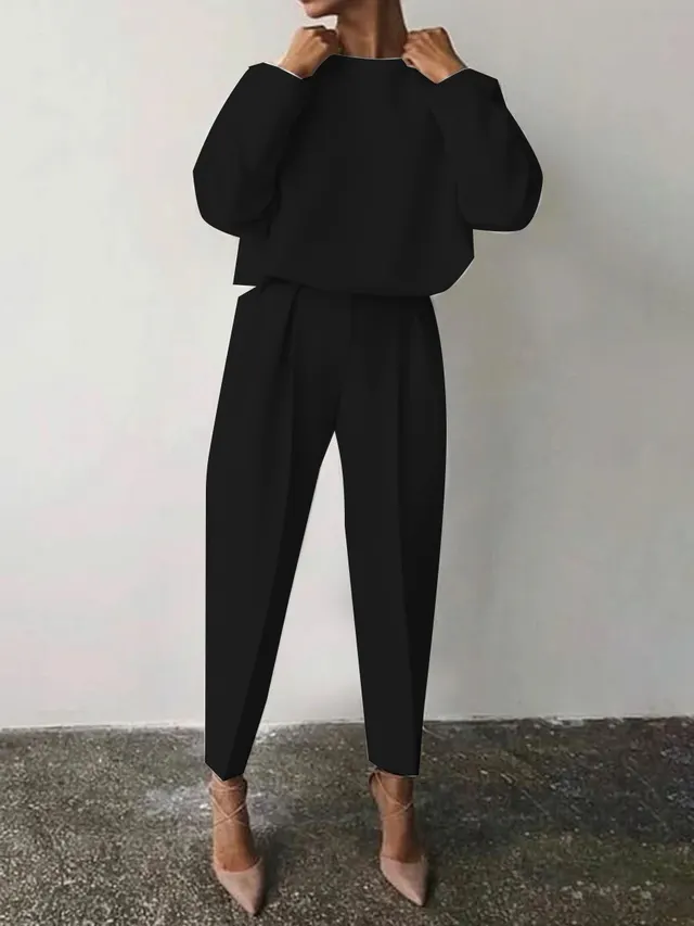 Solid Color Long Sleeved Casual Two piece Set Black - Shop at LoveMi