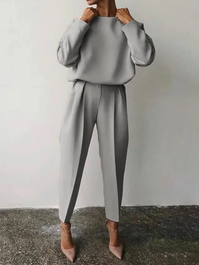 Solid Color Long Sleeved Casual Two piece Set Gray - Shop at LoveMi