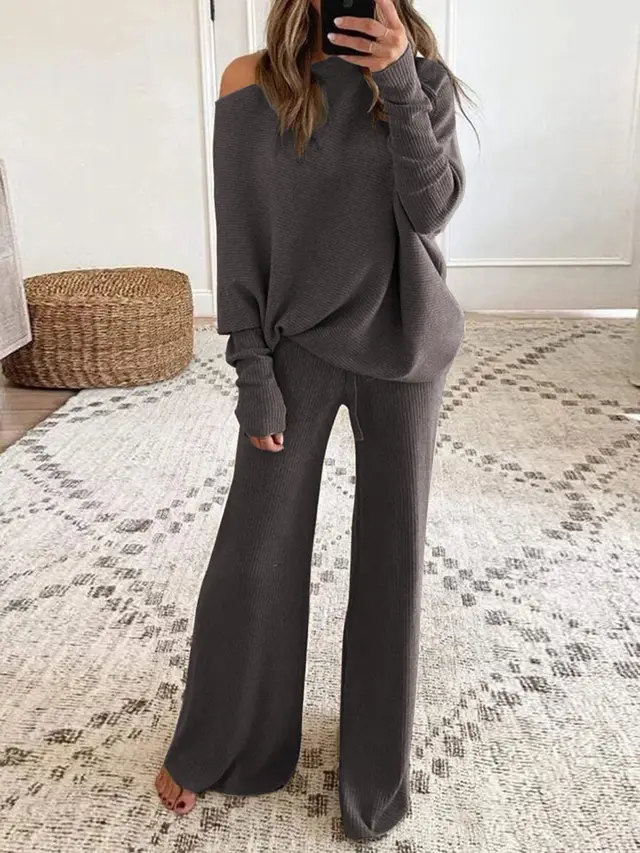 Wide Leg Long Pants Knitted Two piece Set Dark Gray - Shop at LoveMi