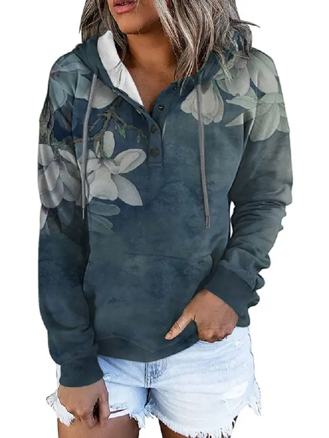 Loose Fashion Printed Long Sleeve Hooded Casual Sweatshirt Navy Blue - Shop at LoveMi
