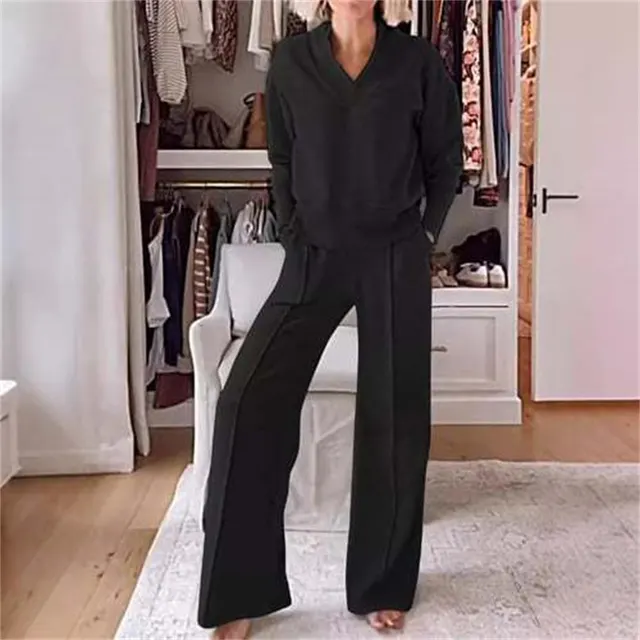Long Sleeved Loose Top And Wide Leg Pants Two piece Set Black - Shop at LoveMi