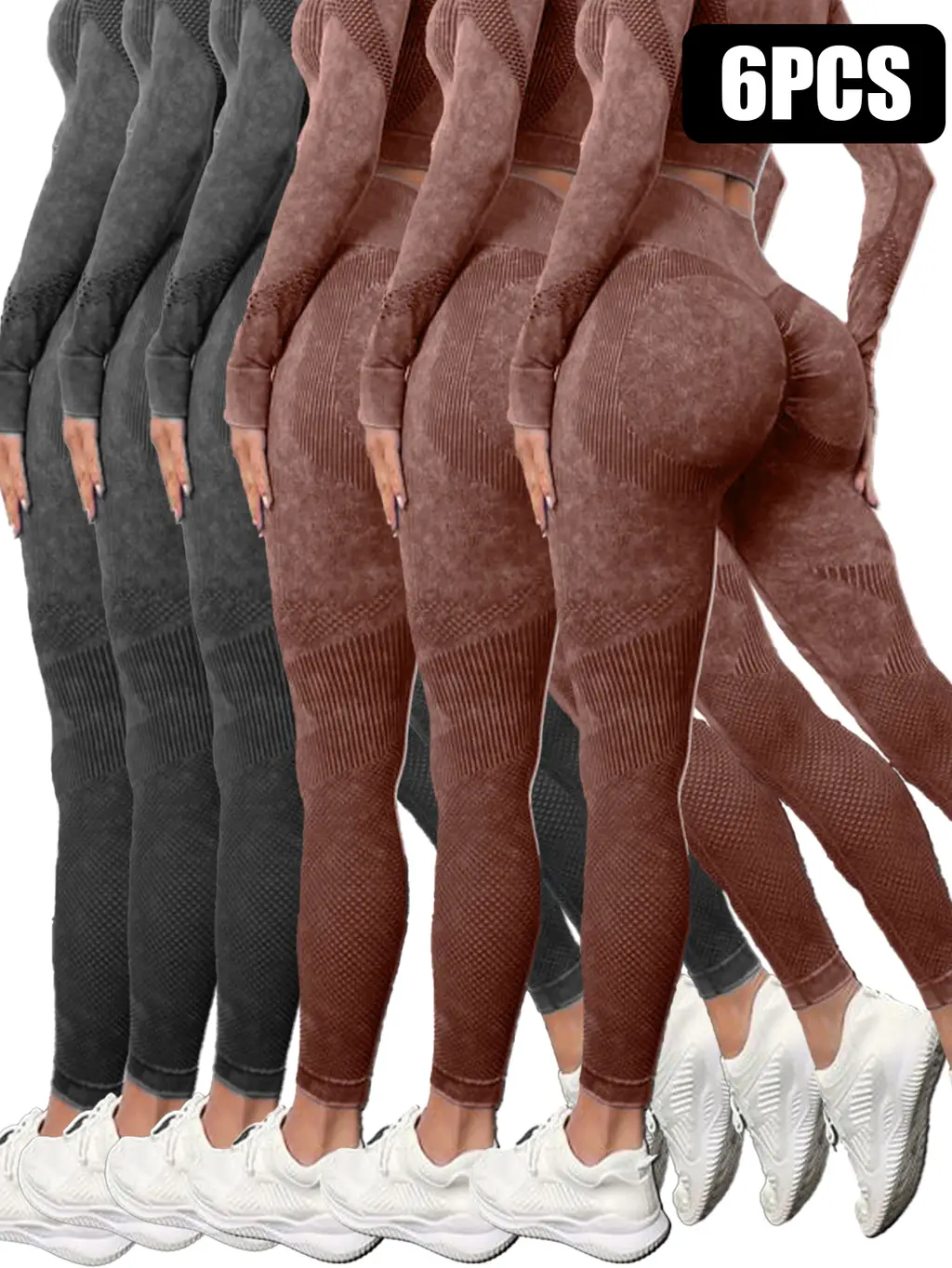 6 Pack Mesh Cut Out Leggings For Women Tights Breathable Workout Tummy Control Pants - 3Blk 3Brn