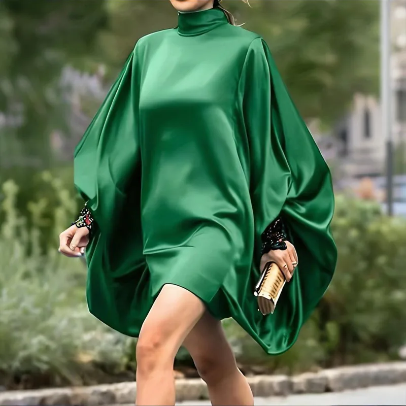 Plus Size Women's Solid Color High Neck Lantern Sleeve Dress - Elegant Evening Gown For Spring&Summer - Green