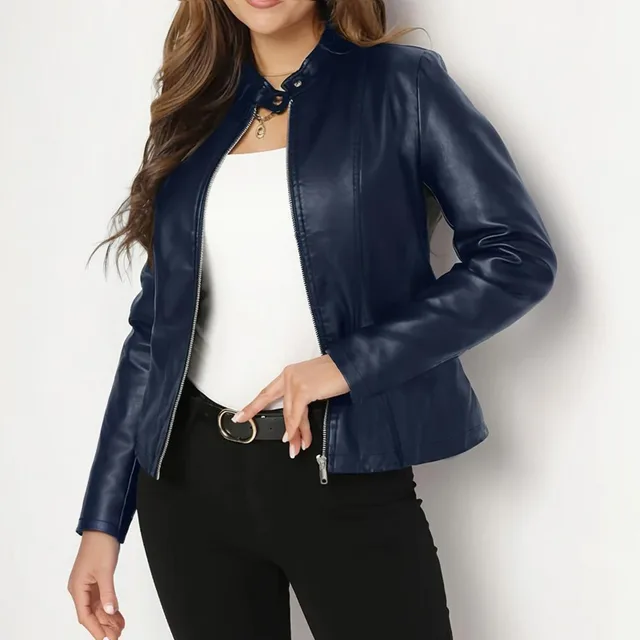 Women's Solid Color Long Sleeve Stand Collar Faux Leather Blazer Single Button Zippered Jacket For Fall&Winter Navy Blue - Shop at LoveMi