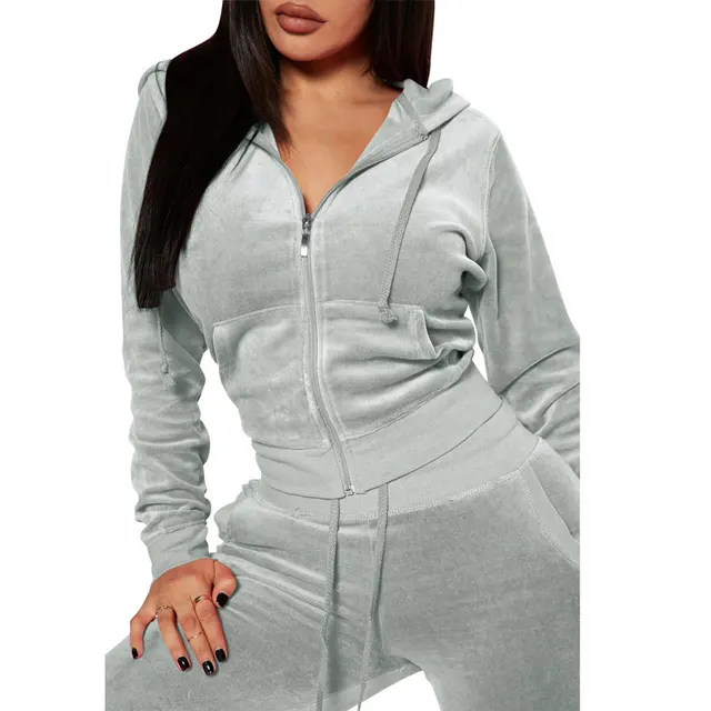Women's Solid Color 2 Piece Set Zip Pocket Drawstring Hooded Crop Top & Slim Fit Pocket Pants Ribbed Detail Casual Outfit Light Gray - Shop at LoveMi
