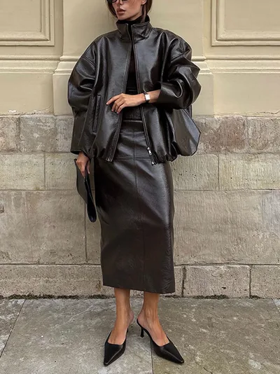 Olive Green Faux Leather Jacket And Midi Skirt Set Brown - Shop at LoveMi