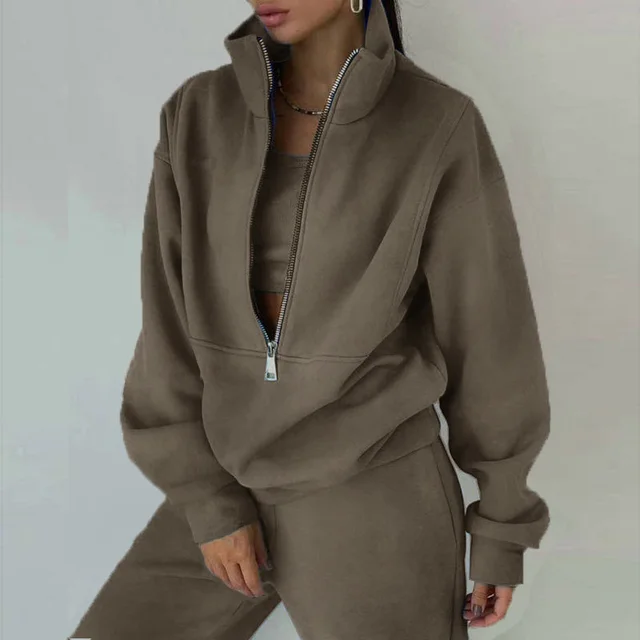 Women's 2 Piece Zip Neck Long Sleeve Sweatshirt & Slim Fit Pants Set Sporty Streetwear Outfit For Fall&Winter Olive Green - Shop at LoveMi