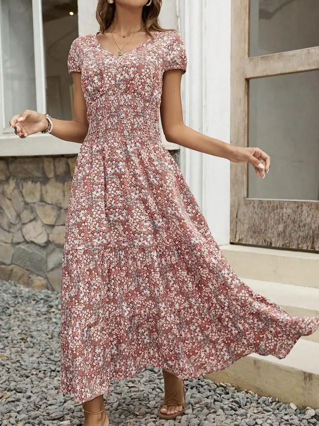Blossom Chic V Neck Floral Dress For Women Soft, Breathable Polyester, Machine Washable, Easy Care, Perfect For Spring, Summer, And Fall Occasions, Everyday Wear, And Outdoor Activities - Shop at LoveMi